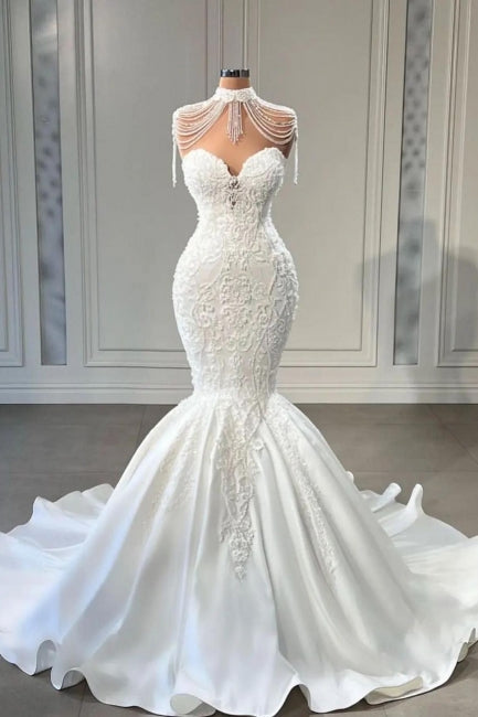 Classy Appliques Lace Tassel Sweetheart Sleeveless Chapel Mermaid Wedding Dresses-misshow.com