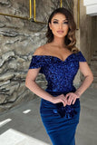 Classy Blue Sequins Sweetheart Off-the-shoulder Floor-length Column Prom Dresses-misshow.com