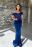 Classy Blue Sequins Sweetheart Off-the-shoulder Floor-length Column Prom Dresses