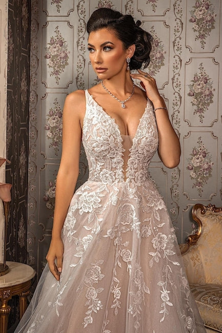 Classy V-neck Appliques Lace Spaghetti Straps Sleeveless A-Line Wedding Dresses-misshow.com