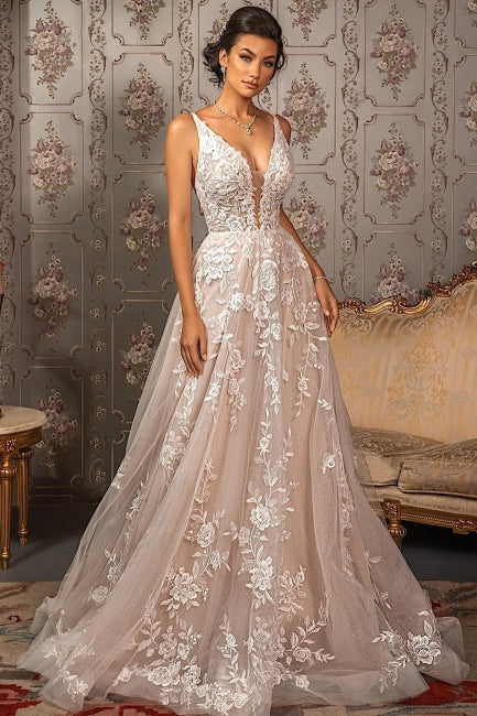 Classy V-neck Appliques Lace Spaghetti Straps Sleeveless A-Line Wedding Dresses-misshow.com