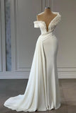 Classy V-neck Off-the-shoulder Beading Sleeveless Mermaid Wedding Dresses-misshow.com