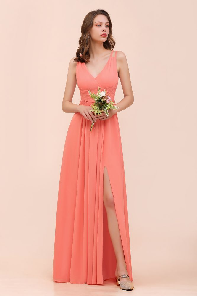 Coral Beach Bridesmaid Dress Front Split Wedding Party Dress | MISSHOW Coral Beach Bridesmaid Dress Front Split Wedding Party Dress | MISSHOW