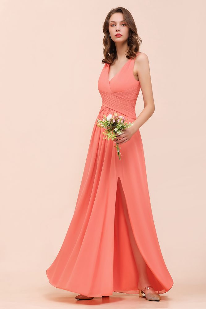 Coral Beach Bridesmaid Dress Front Split Wedding Party Dress-misshow.com