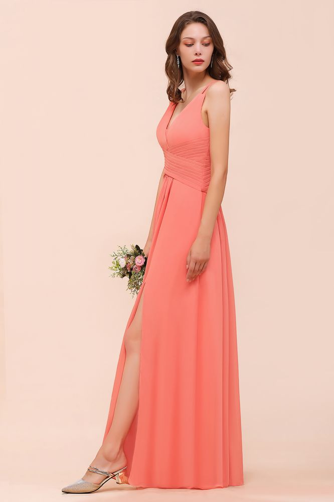 Coral Beach Bridesmaid Dress Front Split Wedding Party Dress-misshow.com