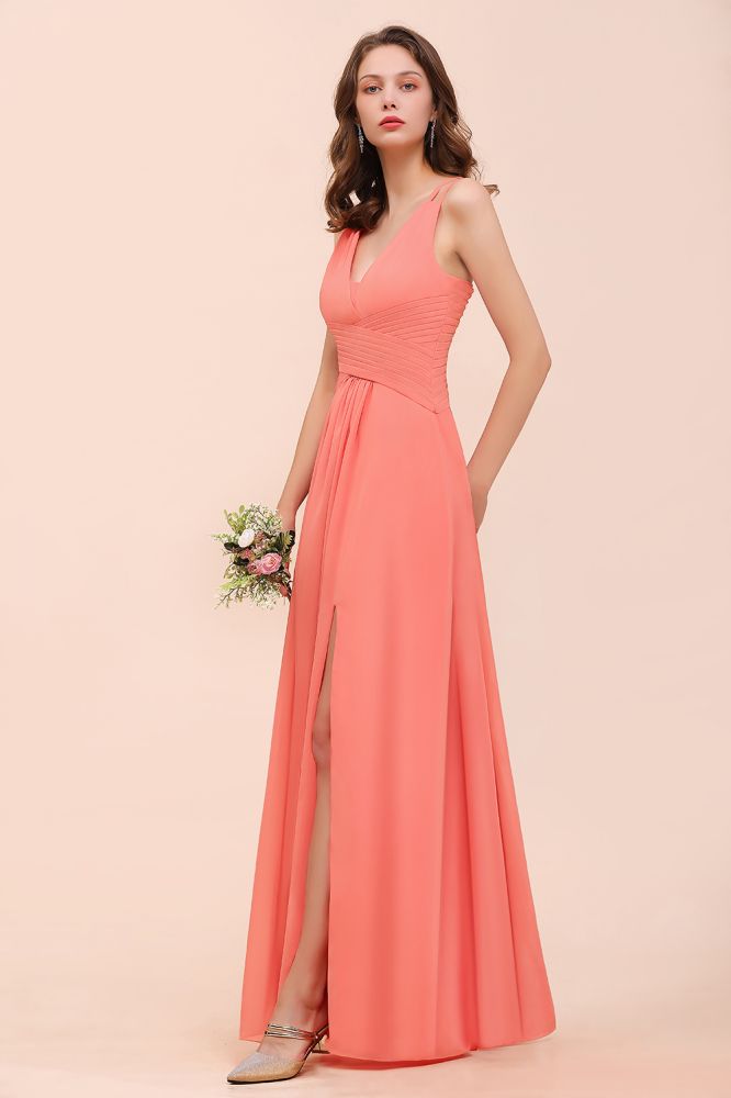 Coral Beach Bridesmaid Dress Front Split Wedding Party Dress-misshow.com