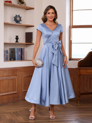 A Line Princess V Neck Short Sleeves Ankle Length Mother Of The Bride Dresses With Pockets Ruffles