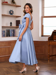 A Line Princess V Neck Short Sleeves Ankle Length Mother Of The Bride Dresses With Pockets Ruffles