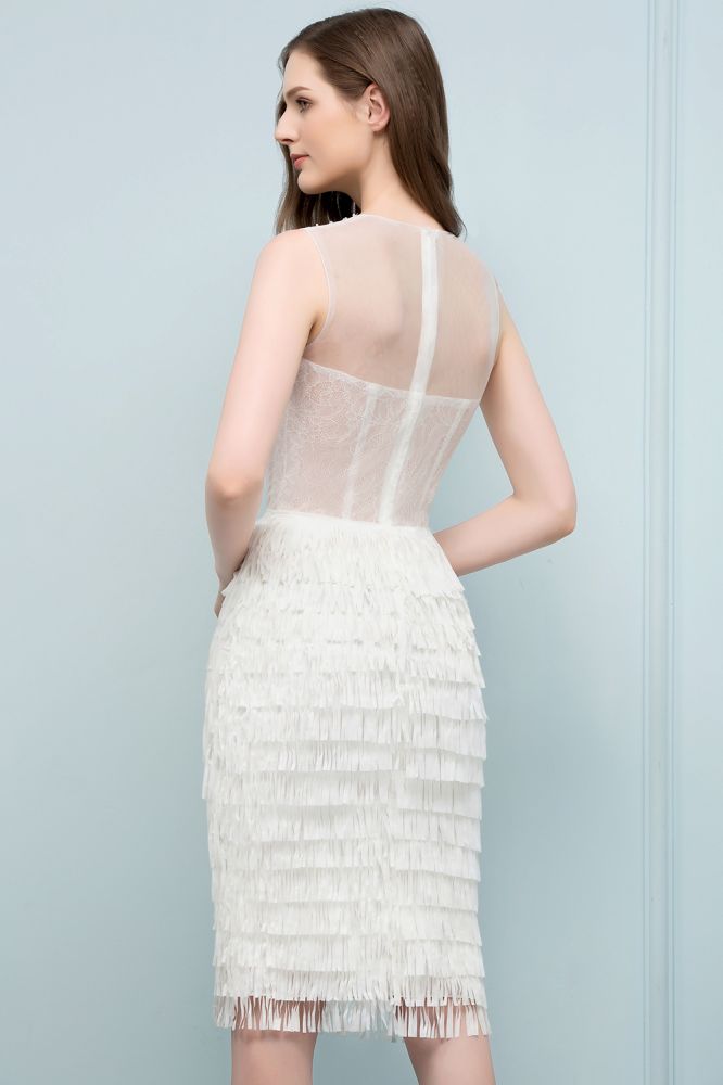 Looking for Prom Dresses in Lace, Mermaid style, and Gorgeous Lace work  MISSHOW has all covered on this elegant Crew Knee Length Mermaid Sleeveless Prom Dresses with Tassels.