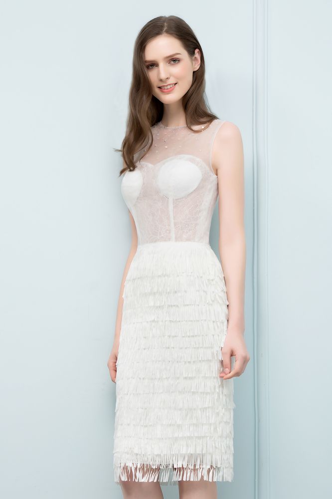 Looking for Prom Dresses in Lace, Mermaid style, and Gorgeous Lace work  MISSHOW has all covered on this elegant Crew Knee Length Mermaid Sleeveless Prom Dresses with Tassels.
