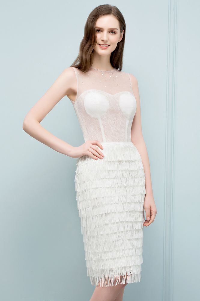 Looking for Prom Dresses in Lace, Mermaid style, and Gorgeous Lace work  MISSHOW has all covered on this elegant Crew Knee Length Mermaid Sleeveless Prom Dresses with Tassels.