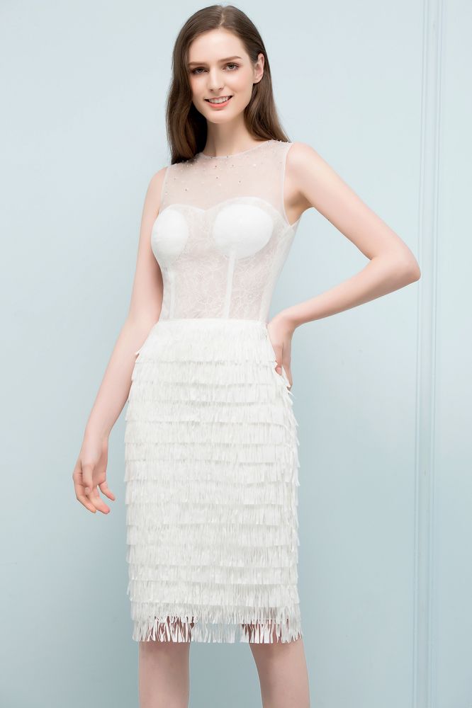 Looking for Prom Dresses in Lace, Mermaid style, and Gorgeous Lace work  MISSHOW has all covered on this elegant Crew Knee Length Mermaid Sleeveless Prom Dresses with Tassels.
