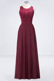 Crew Neck Floral Lace Evening Dress Floor Length Burgundy Bridesmaid Dress