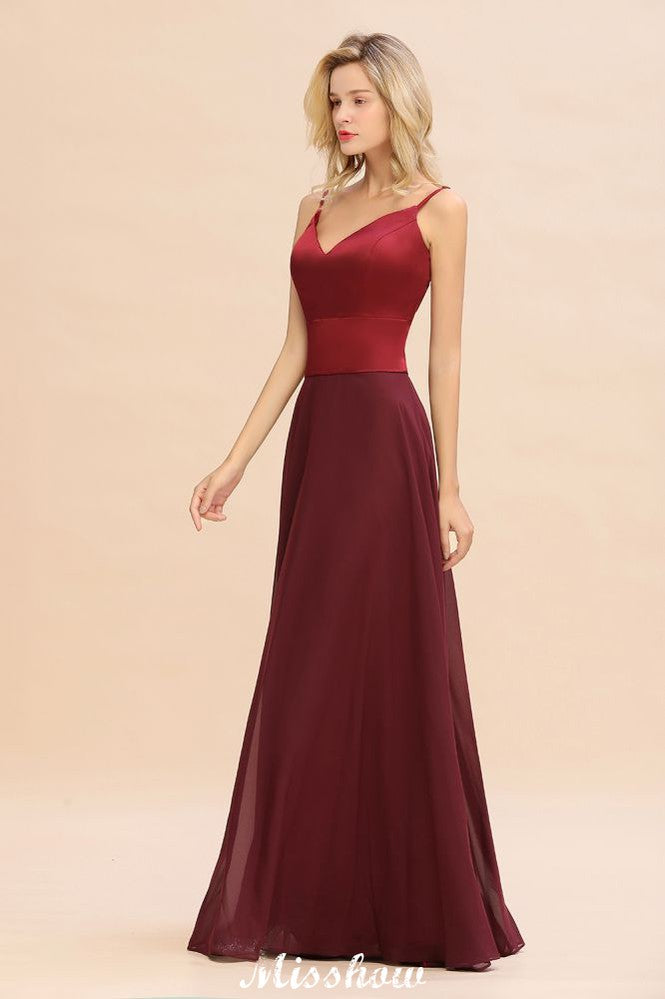 Cross Backless Floor Length Satin Evening Gowns Burgundy Bridesmaid Dress-misshow.com