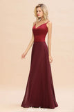 Cross Backless Floor Length Satin Evening Gowns Burgundy Bridesmaid Dress-misshow.com