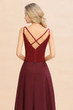 Cross Backless Floor Length Satin Evening Gowns Burgundy Bridesmaid Dress-misshow.com