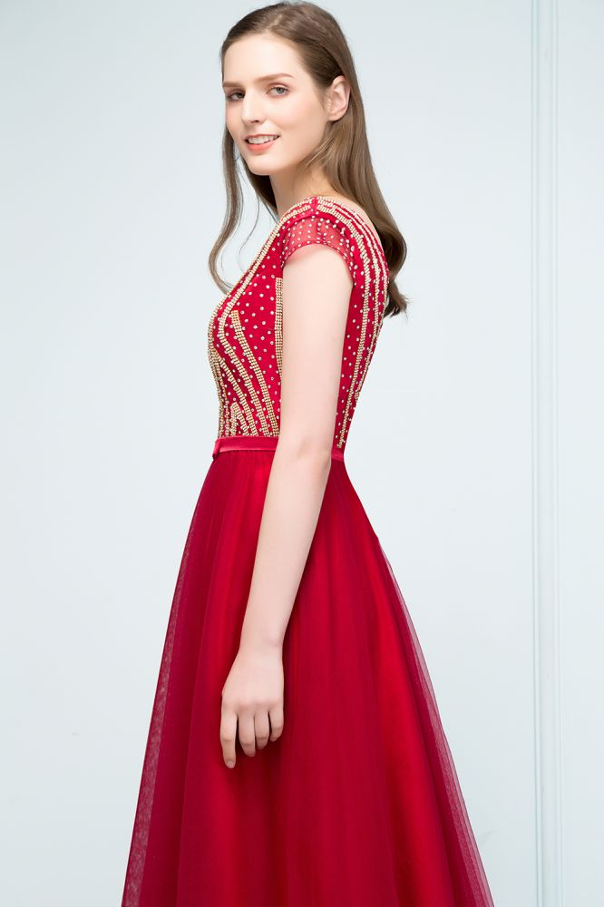 Looking for Prom Dresses in Tulle, A-line style, and Gorgeous Beading,Crystal,Ribbons work  MISSHOW has all covered on this elegant Crystal Beading Tulle A-line Floor Length Cap Sleeves Prom Dresses with Sash.