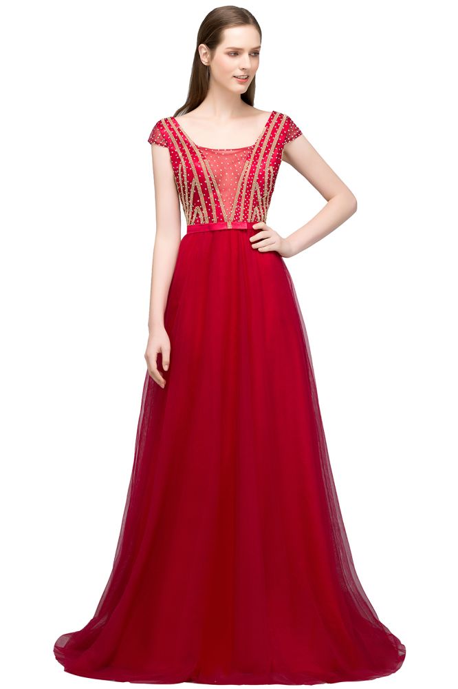 Looking for Prom Dresses in Tulle, A-line style, and Gorgeous Beading,Crystal,Ribbons work  MISSHOW has all covered on this elegant Crystal Beading Tulle A-line Floor Length Cap Sleeves Prom Dresses with Sash.