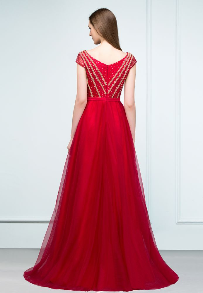 Looking for Prom Dresses in Tulle, A-line style, and Gorgeous Beading,Crystal,Ribbons work  MISSHOW has all covered on this elegant Crystal Beading Tulle A-line Floor Length Cap Sleeves Prom Dresses with Sash.