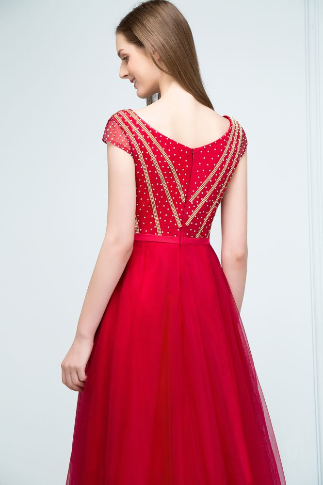 Looking for Prom Dresses in Tulle, A-line style, and Gorgeous Beading,Crystal,Ribbons work  MISSHOW has all covered on this elegant Crystal Beading Tulle A-line Floor Length Cap Sleeves Prom Dresses with Sash.
