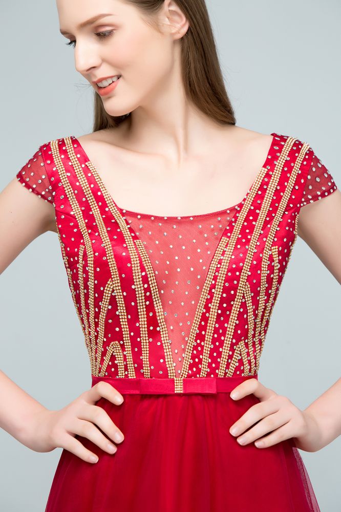 Looking for Prom Dresses in Tulle, A-line style, and Gorgeous Beading,Crystal,Ribbons work  MISSHOW has all covered on this elegant Crystal Beading Tulle A-line Floor Length Cap Sleeves Prom Dresses with Sash.