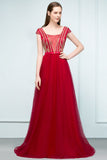 Crystal Beading Tulle A-line Floor Length Cap Sleeves Prom Dresses with Sash