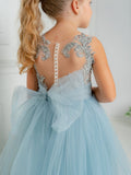Cute Blue Sleeveless Ball Gown Flower Girls Dress With Beads-misshow.com