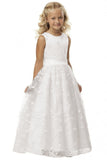 Cute Long A-line Jewel Lace Sleeveless Floor length Flower Girl Dress-misshow.com