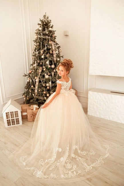 Cute Long Princess Tulle Lace Full Length Flower Girl Dress-misshow.com