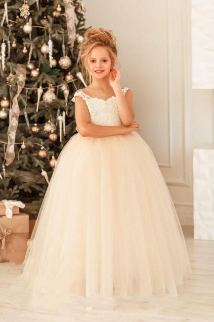 Cute Long Princess Tulle Lace Full Length Flower Girl Dress-misshow.com