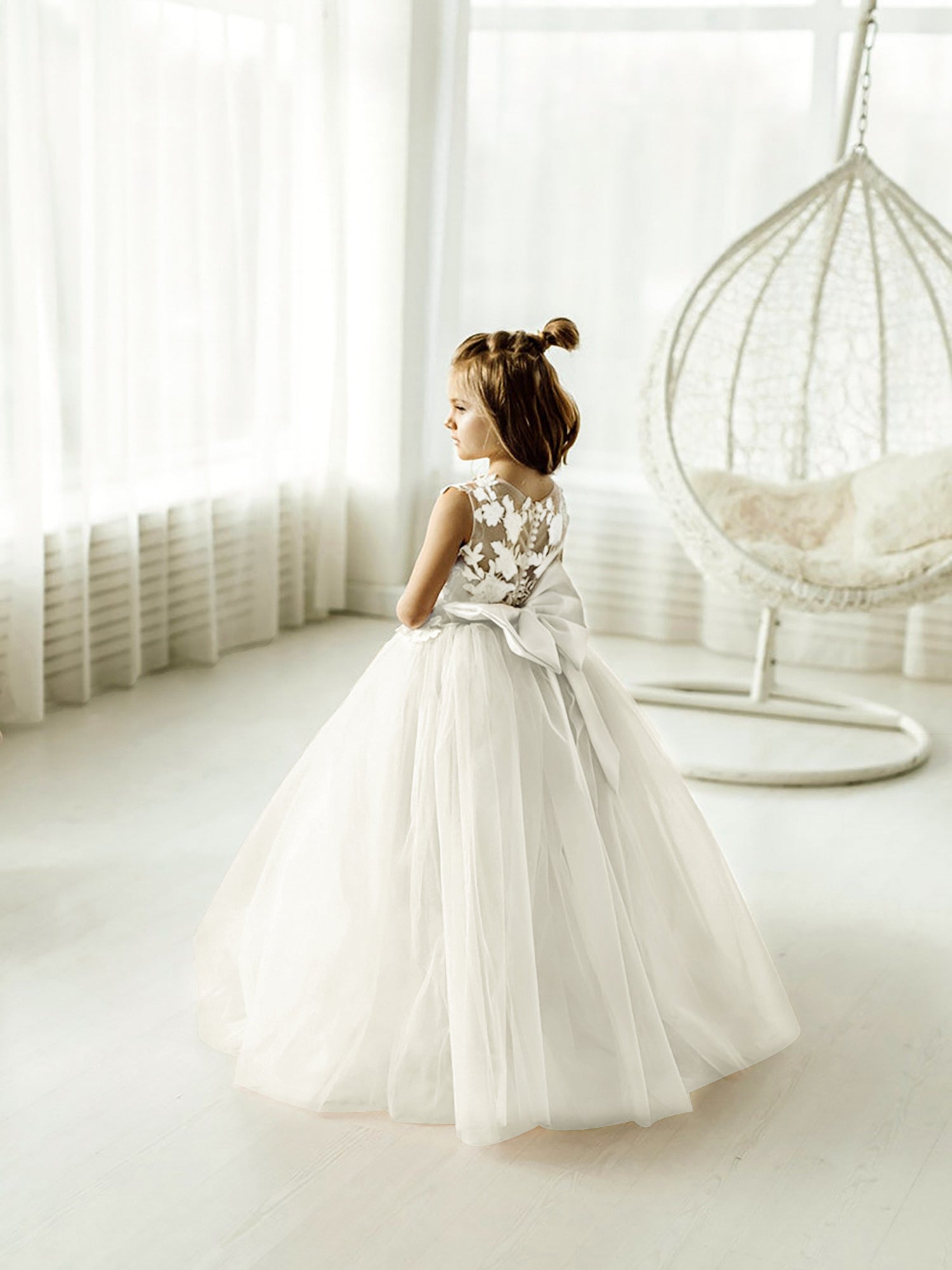 Cute Puffy Lace Appliqued Sleeveless Flower Girl Dresses-misshow.com