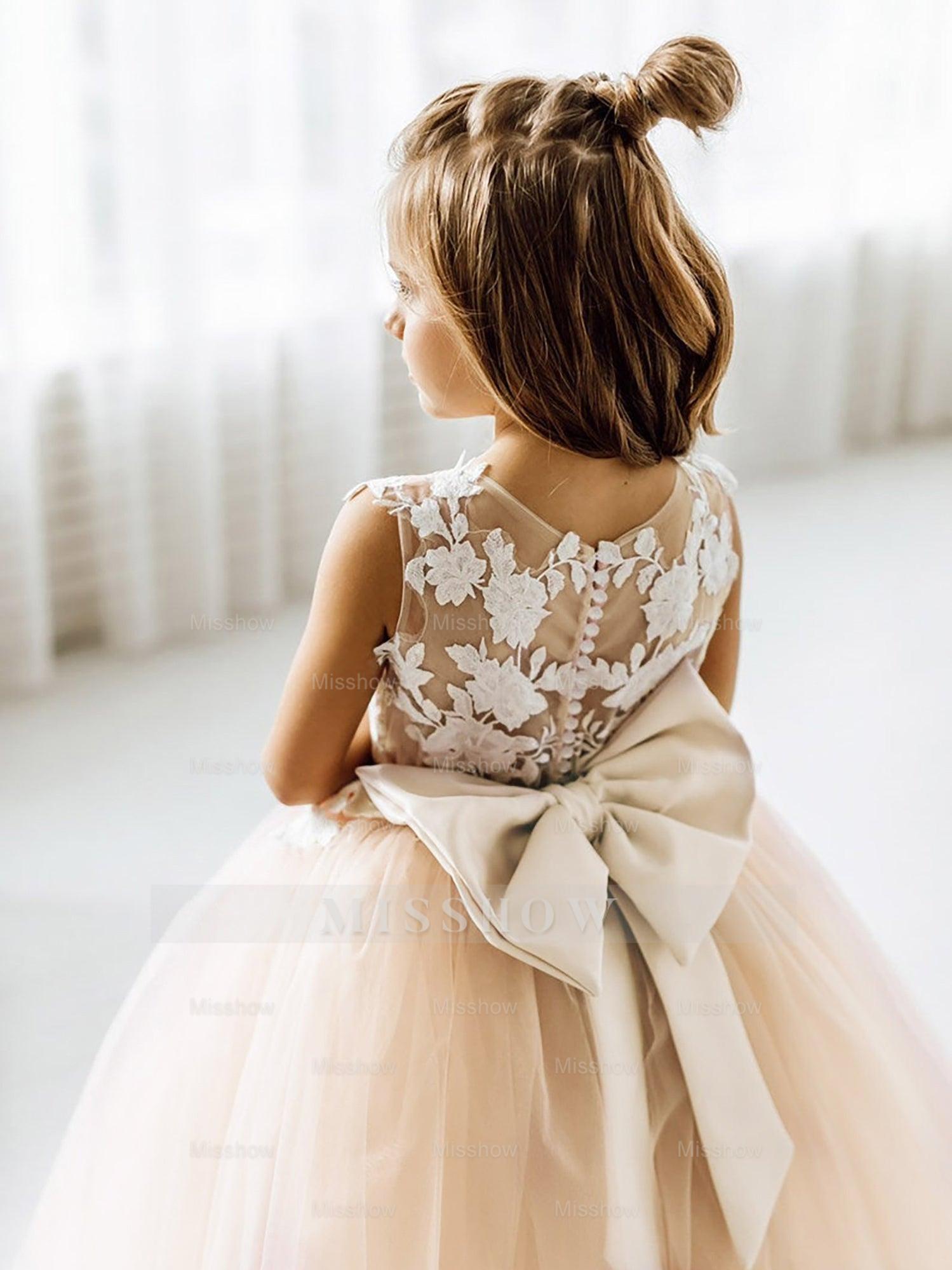 Cute Puffy Lace Appliqued Sleeveless Flower Girl Dresses Champagne / 7 Cute Puffy Lace Appliqued Sleeveless Flower Girl Dresses Champagne / 7