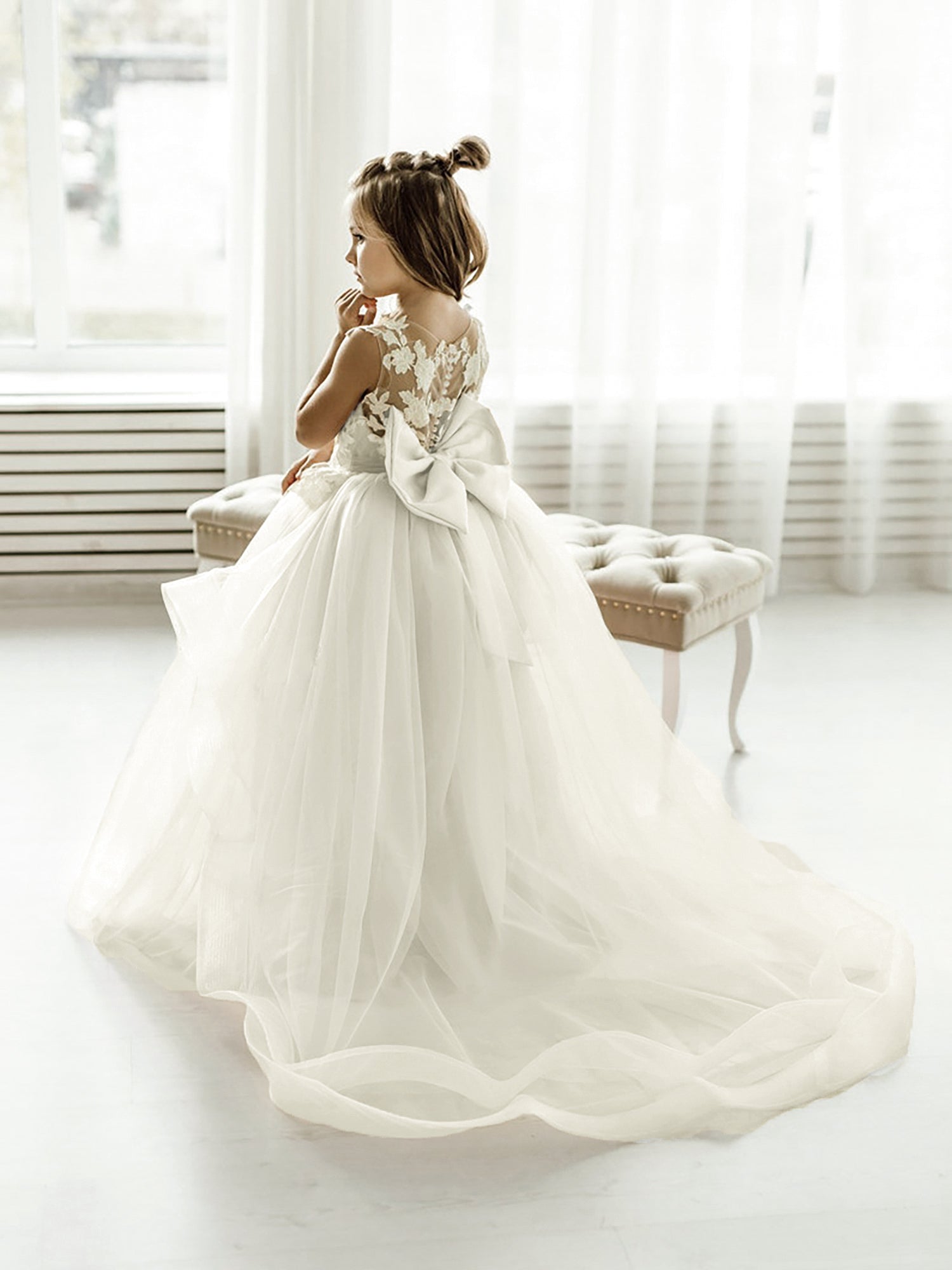 Cute Puffy Lace Appliqued Sleeveless Flower Girl Dresses-misshow.com