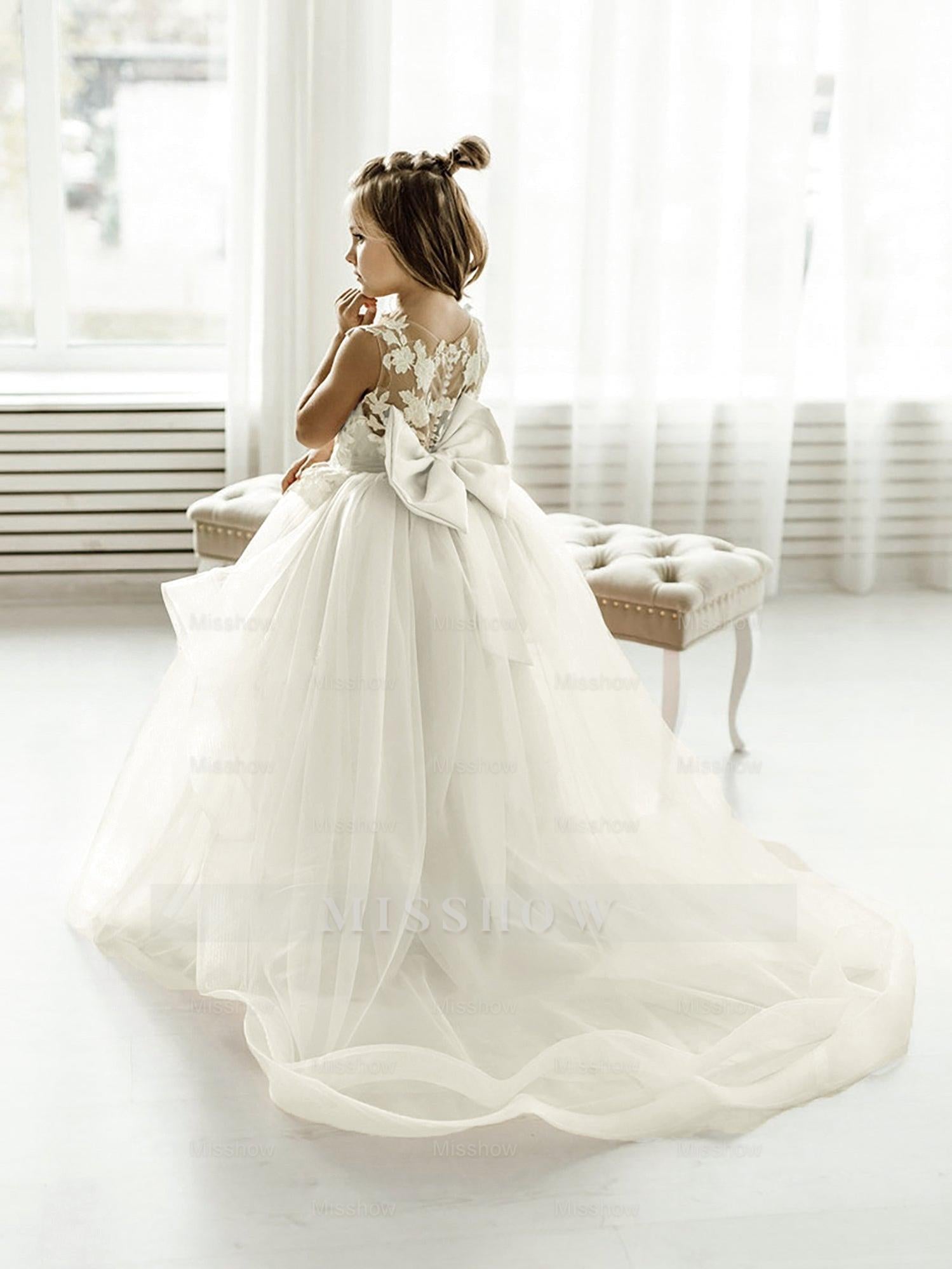 Cute Puffy Lace Appliqued Sleeveless Flower Girl Dresses Champagne / 7 Cute Puffy Lace Appliqued Sleeveless Flower Girl Dresses Champagne / 7