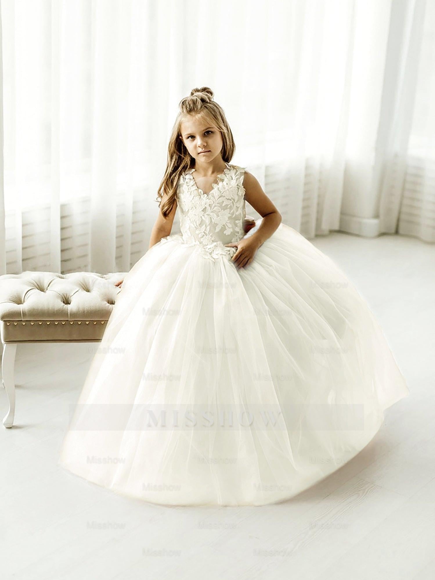 Cute Puffy Lace Appliqued Sleeveless Flower Girl Dresses misshow.com Cute Puffy Lace Appliqued Sleeveless Flower Girl Dresses misshow.com