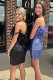 Cute Sequins Feathers Strapless Sleeveless Short Prom Dresses-misshow.com