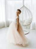 Cute Sleeveless Floral Lace Champagne Flower Girl Dress-misshow.com