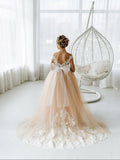 Cute Sleeveless Floral Lace Champagne Flower Girl Dress-misshow.com