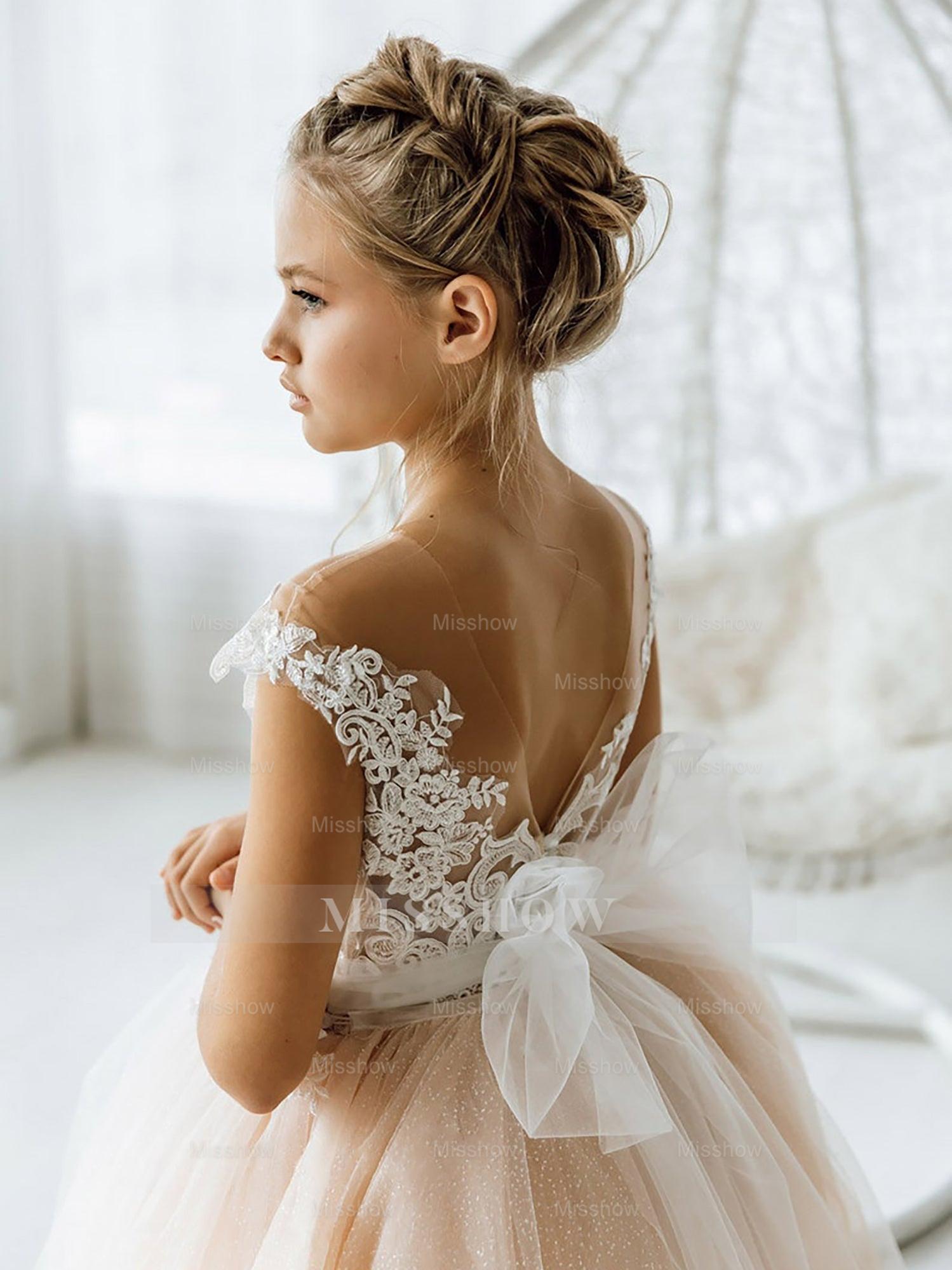 Cute Sleeveless Floral Lace Champagne Flower Girl Dress Champagne