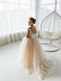 Cute Sleeveless Floral Lace Champagne Flower Girl Dress-misshow.com