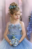 Cute Strapless Dusty Blue Ruffles Puffy Princess Flower Girl Dresses-misshow.com