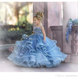 Cute Strapless Dusty Blue Ruffles Puffy Princess Flower Girl Dresses-misshow.com