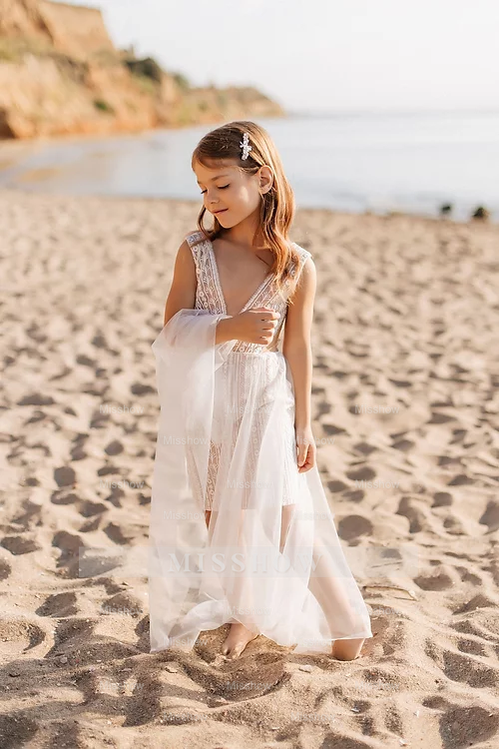 Cute White Boho Sleeveless Flower Girls Dress with Lace Cute White Boho Sleeveless Flower Girls Dress with Lace