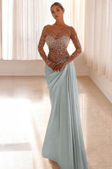 Jewel Neck Long Sleeves Long Mermaid Formal Dress With Pleated