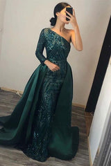 Dark Green Overskirt One Shoulder Long Sleeve Mermaid Formal Dress With Sequins