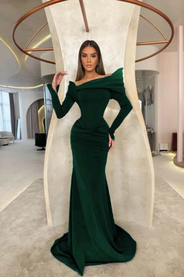 Off the Shoulder Long Sleeves Long Mermaid Formal Dress With Pleated