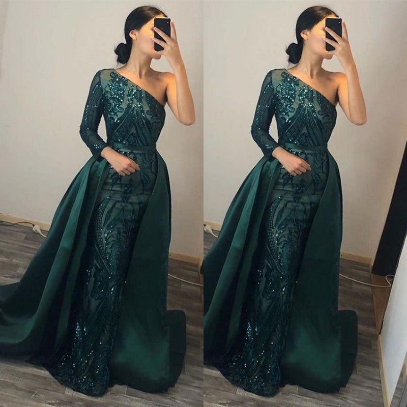 Dark Green Overskirt One Shoulder Long Sleeve Mermaid Formal Dress With Sequins