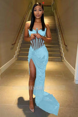 Strapless Sleeveless Long Mermaid Formal Dress With Split Pleated