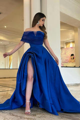 Royal Blue Off the Shoulder Strapless Sleeveless Formal Dress With Front Split