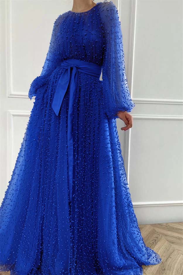 Long Sleeves Long Jewel Neck Formal Dress With Pleated Beading